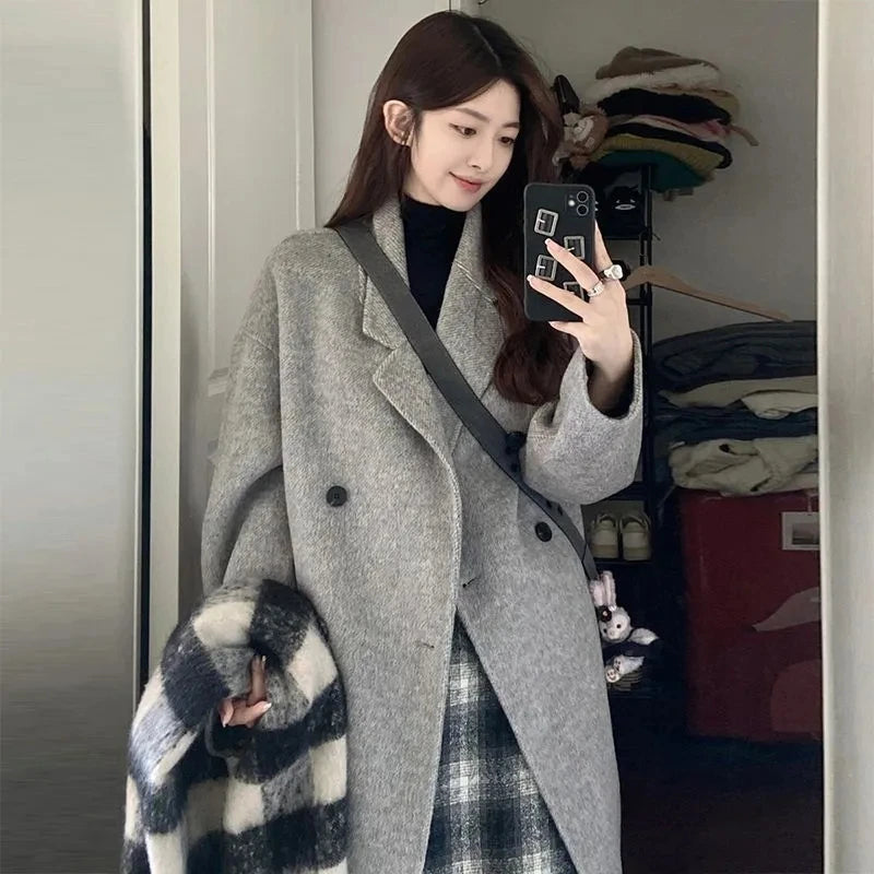 100% Wool Coat Lapel Overcoat Women Wool Blend Double Breasted Long Sleeve Shoulder Pad Coat 2024 Autumn Female Outwear