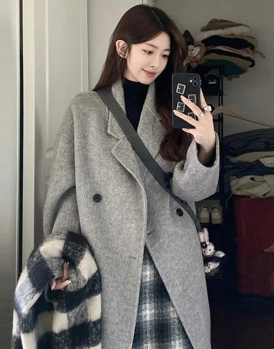 100% Wool Coat Lapel Overcoat Women Wool Blend Double Breasted Long Sleeve Shoulder Pad Coat 2024 Autumn Female Outwear