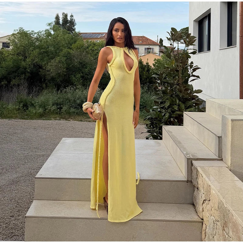 Women Elegant Maxi Dress Keyhole Neckline Braided Trim Sleeveless Backless High Slit Hem Solid Dresses 2026 Summer Fashion Gown