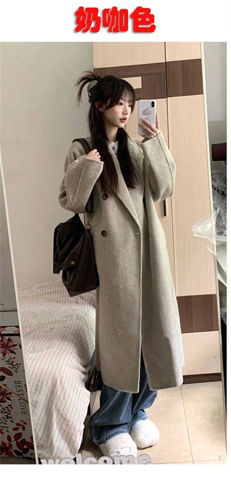 100% Wool Coat Lapel Overcoat Women Wool Blend Double Breasted Long Sleeve Shoulder Pad Coat 2024 Autumn Female Outwear