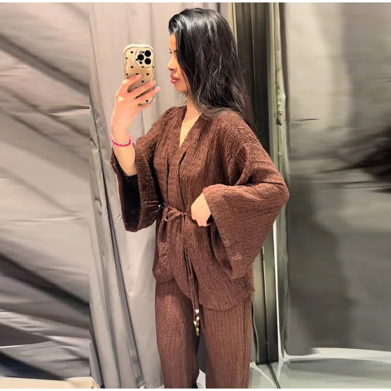 Tie Front Textured Women Set V-Neck Loose Set Wide Sleeve Drawstring Pants Casual Lounge Solid Color 2 Piece Outfits For Daily