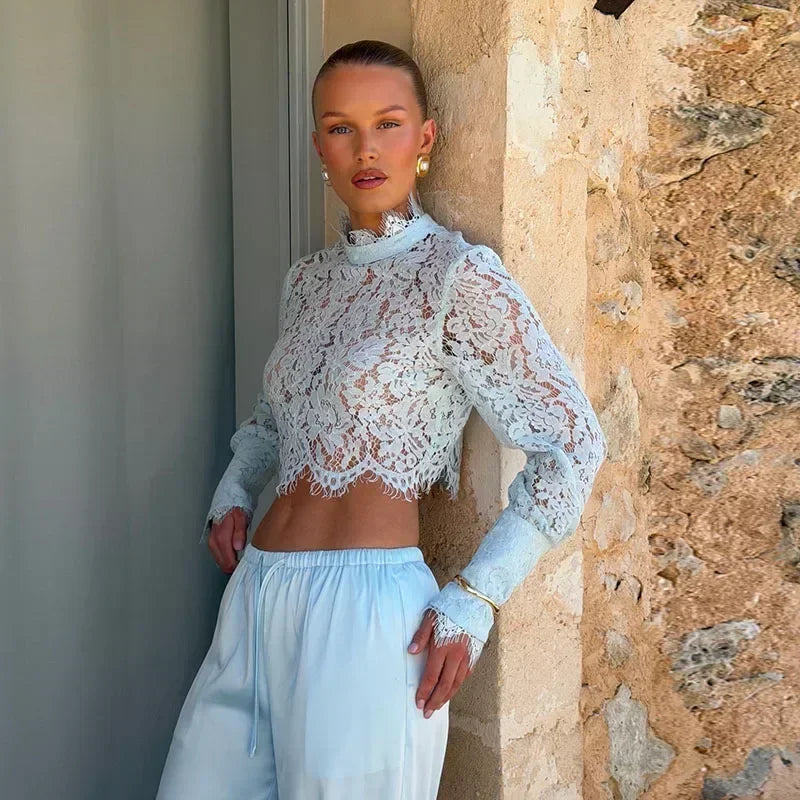Lace Top Pants 2 Piece Set Women Chic Solid Half High Collar Cropped Back Split Long Pant Suit 2026 Lady Daily Street Outfit New