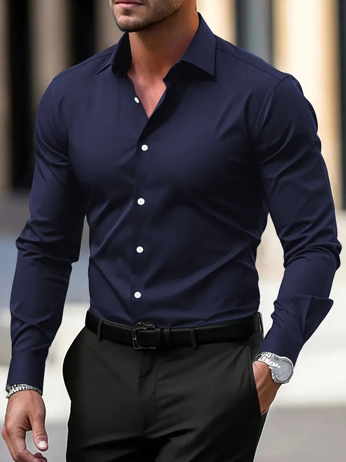 Men's Wrinkle-Free Dress Shirt Long Sleeve Slim Fit Business Casual Shirt Breathable Formal Work Shirt for Wedding Party