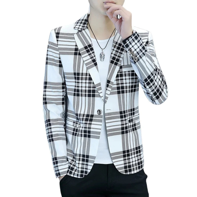 Spring Autumn 2024 Casual Checkered Slim Fit Men's Suit Jacket Korean Style Fashion Handsome Young Men's Clothing