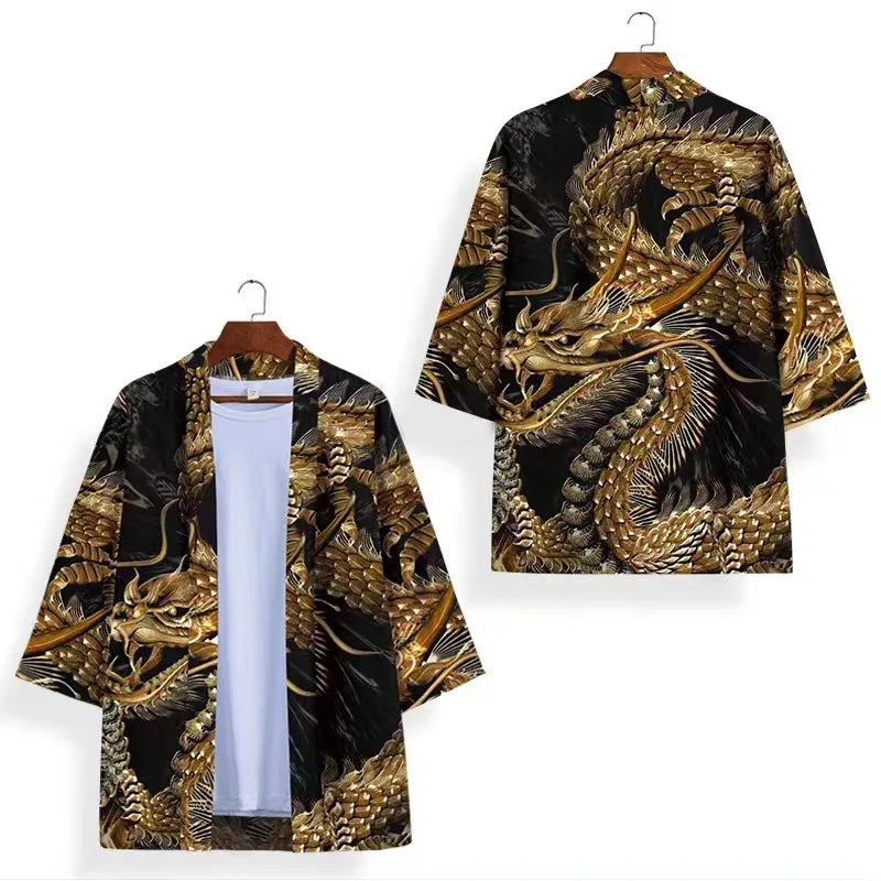 Oversize 3XL 4XL 5XL Japanese Kimono Cardigan Traditional Men's Samurai Cosplay Costume Chinese Style Print Dragon Yukata Haori
