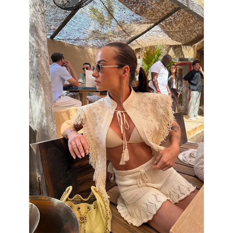 Chic Embroidery Tassel Shawl Women Casual Solid Stand Neck Sleeveless Irregular Short Top 2026 Female Vacation Daily Clothes New