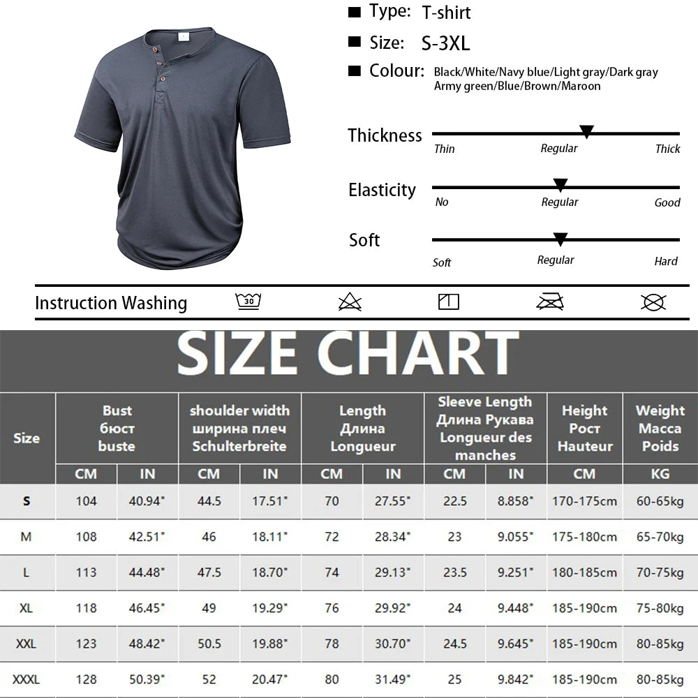 Men's Cooling Henley T-Shirt Slim Fit Short Sleeve Quick Dry Comfy Moisture Wicking Solid Color Button Shirt for Street Style