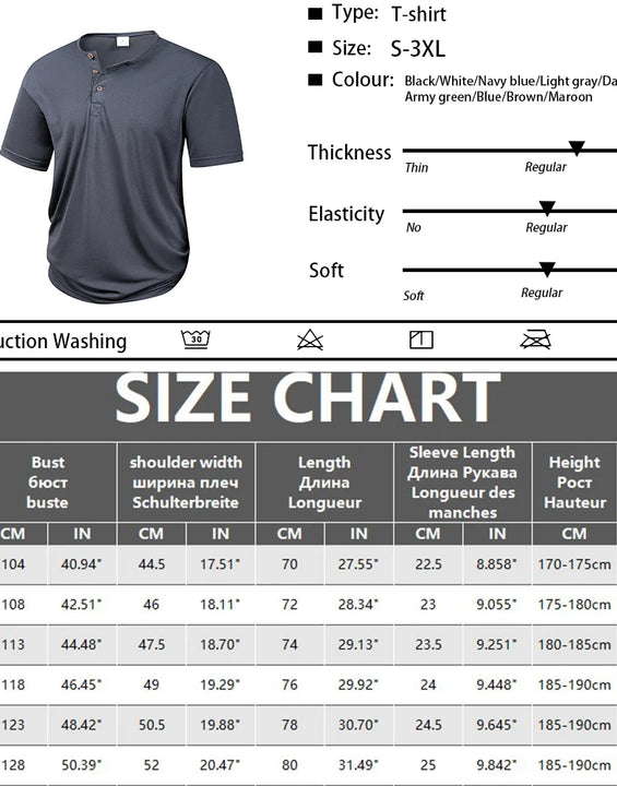 Men's Cooling Henley T-Shirt Slim Fit Short Sleeve Quick Dry Comfy Moisture Wicking Solid Color Button Shirt for Street Style