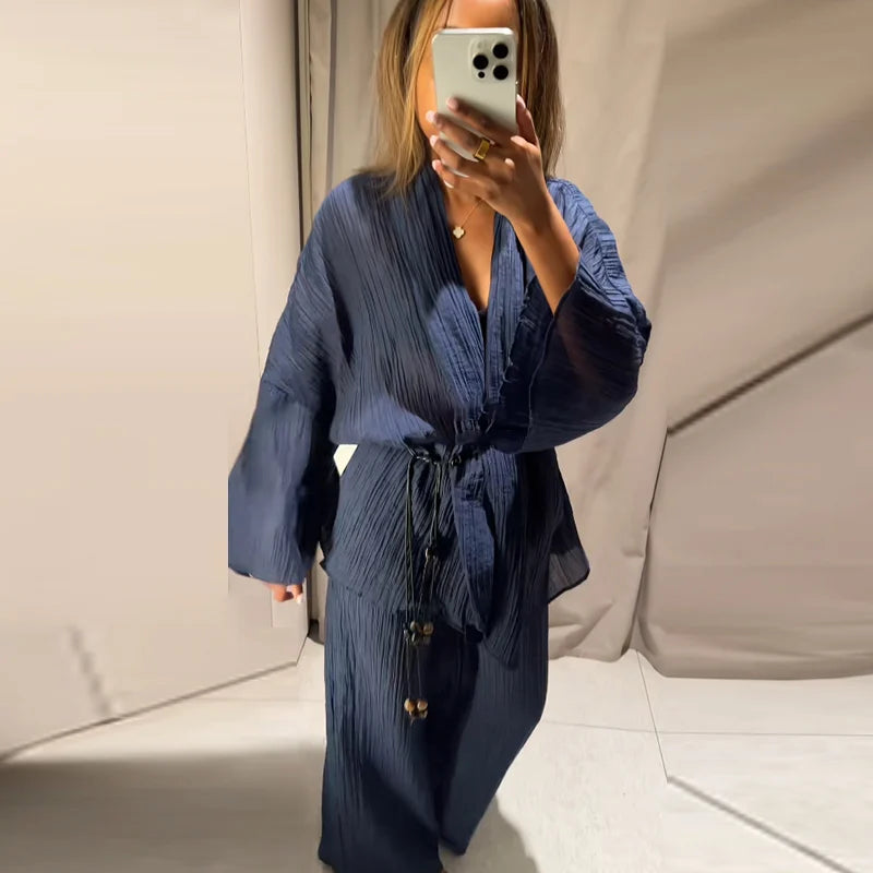 Tie Front Textured Women Set V-Neck Loose Set Wide Sleeve Drawstring Pants Casual Lounge Solid Color 2 Piece Outfits For Daily