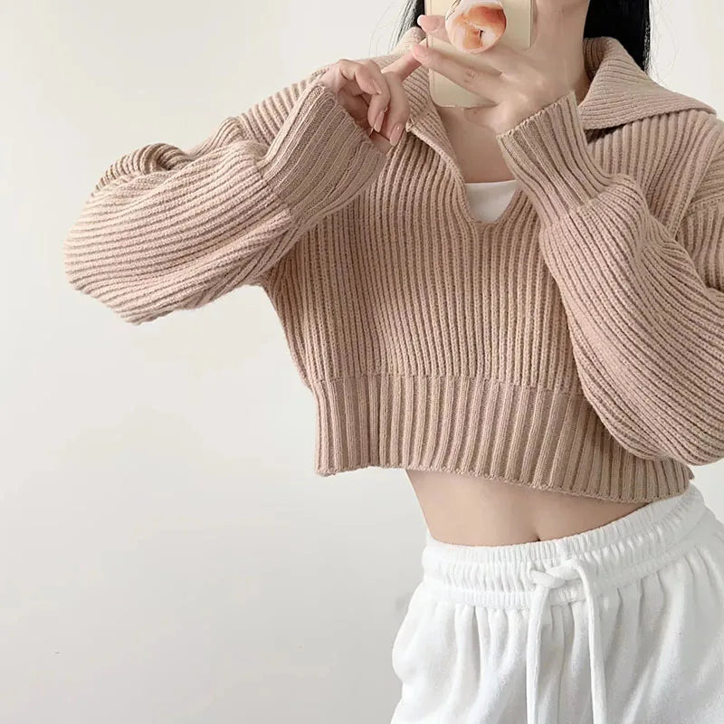 New V Big Lapel Knitted Sweater Women Fashion Loose Cropped Knit Jumper for Woman Korean All-Match Casual Pullover Knitwear