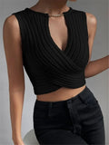 Sexy Crossed Knitted Sweater Bottoming Vest Fashion Design Slim Solid Knit V-neck Vests T-shirt Autumn Winter Cropped Tank Tops