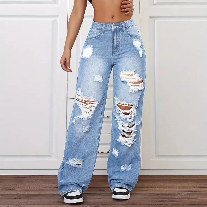 Benuynffy High Waisted Baggy Ripped Jeans Women's Streetwear Bf Style Washed All Match Straight Leg Denim Trousers Woman New