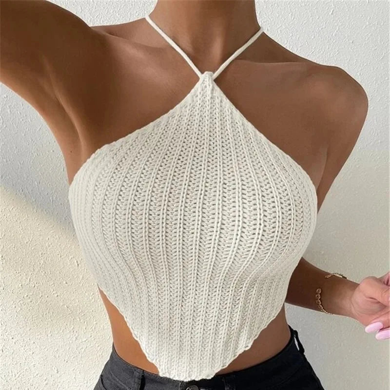 Tie-up neck knitted vest design sweater chest wrap top