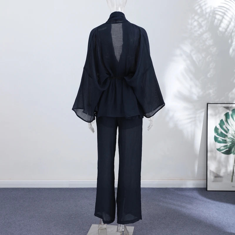 Tie Front Textured Women Set V-Neck Loose Set Wide Sleeve Drawstring Pants Casual Lounge Solid Color 2 Piece Outfits For Daily