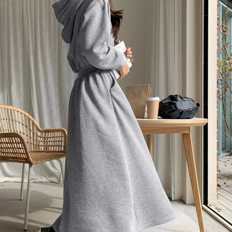Autumn Winter Casual Women Hooded Cotton Long Dress Long Sleeved Pullover Solid Hoodie Shirring A-Line Floor-Length Rib Dresses