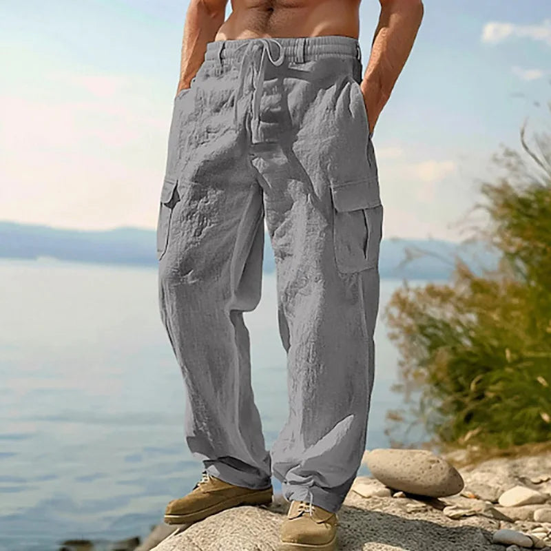 Summer Men'S Cotton And Linen Pants Multiple Pockets Breathable Loose Drawstring Straight Leg Pants Sports And Casual Pants