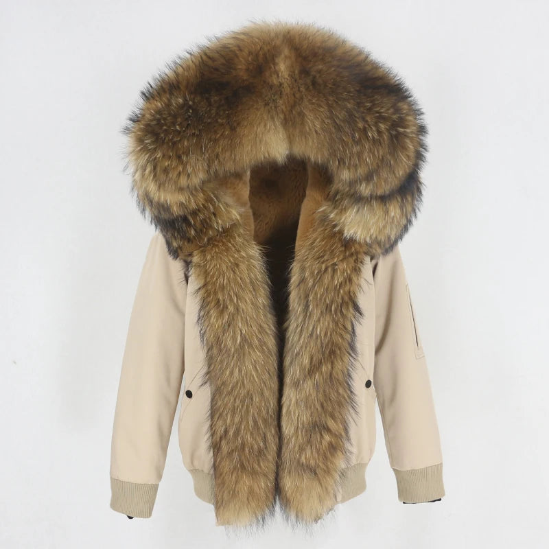 2023 New Bomber Waterproof Parka Winter Jacket Women Natural Real Raccoon Fur Hood Coat Detachable Thick Warm Outerwear