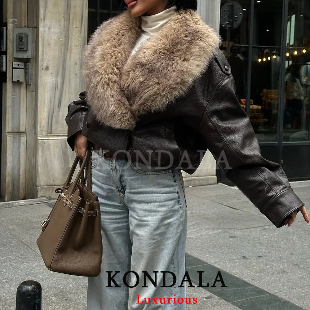 Fur-Collar Faux Leather Jacket