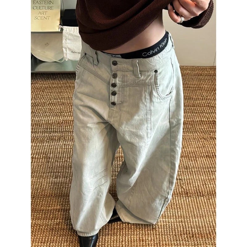 Women's Blue Baggy Y2k Boyfriend Jeans Vintage Grunge Emo Wide Jean Pants Harajuku Oversize Denim Trousers Alternative Clothes