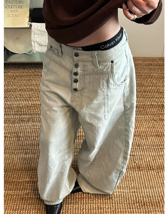 Women's Blue Baggy Y2k Boyfriend Jeans Vintage Grunge Emo Wide Jean Pants Harajuku Oversize Denim Trousers Alternative Clothes