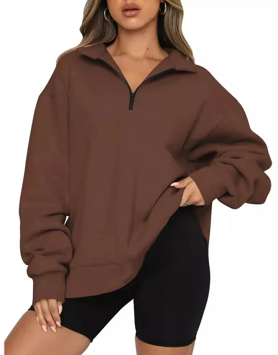 Women Sweatshirts Turn Down Collar Zipper Pullovers Long Sleeve Spliced Thick Warm Sweatshirt Outwear Autumn Winter 2024