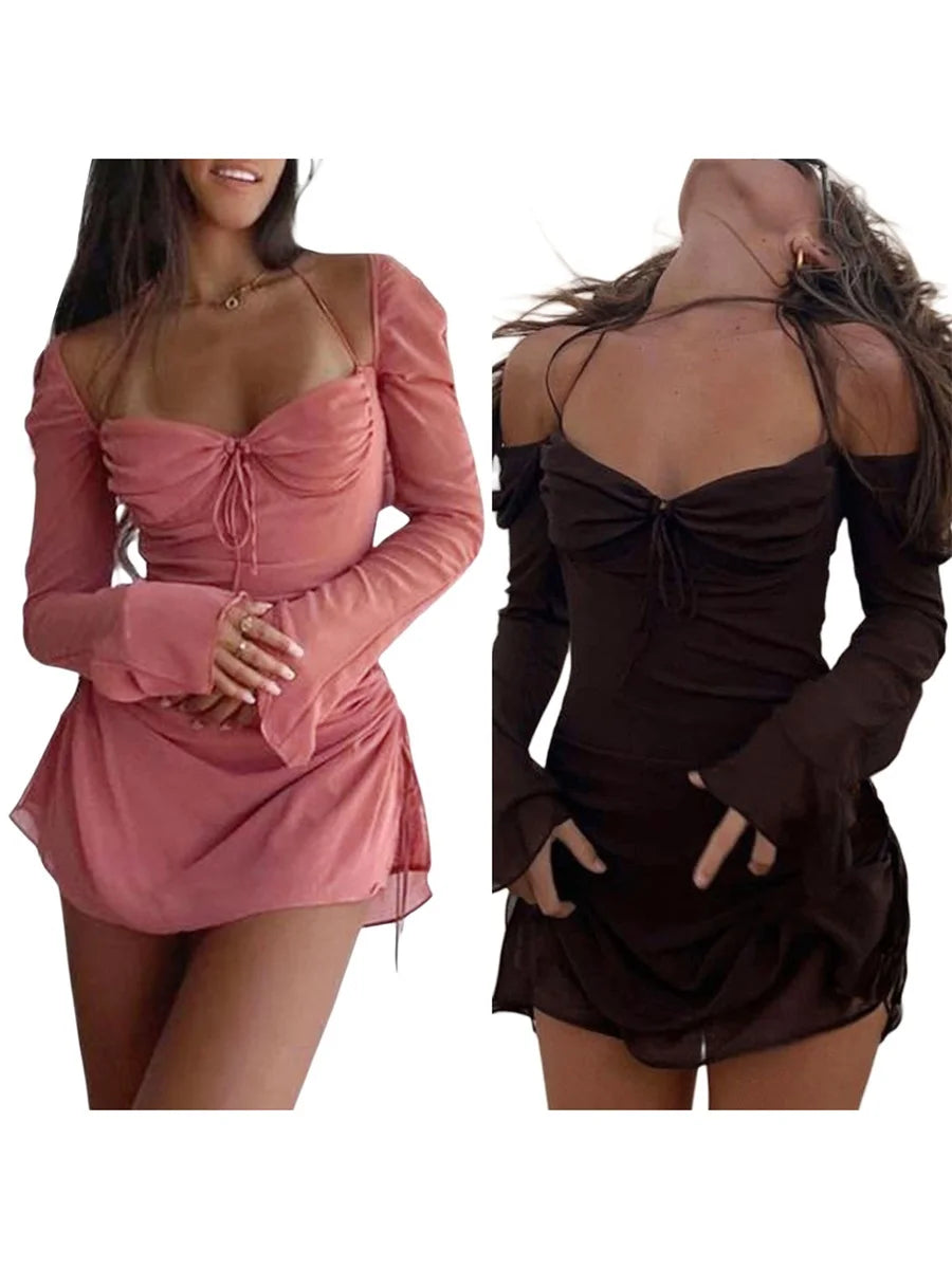 Long Sleeve Drawstring Pleated Halter Neck Mini Dress For Women Elegent Solid Pink Brown Short Dress Women