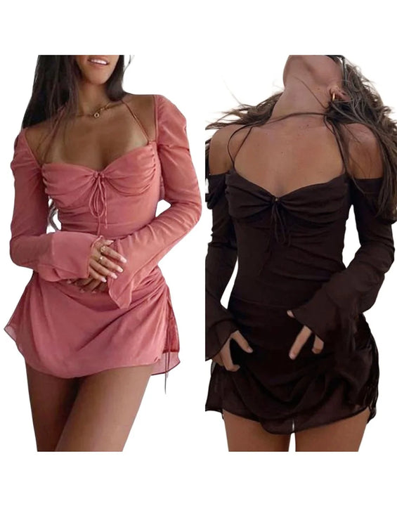Long Sleeve Drawstring Pleated Halter Neck Mini Dress For Women Elegent Solid Pink Brown Short Dress Women