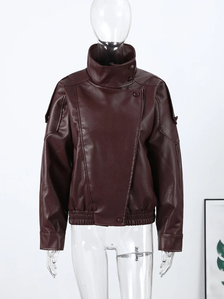 Women Bomber Jacket Leather Coat Retro Coat Stand-Collar Top Textured Clothes Lversized Biker Coat Casual Streetwear Outerwear
