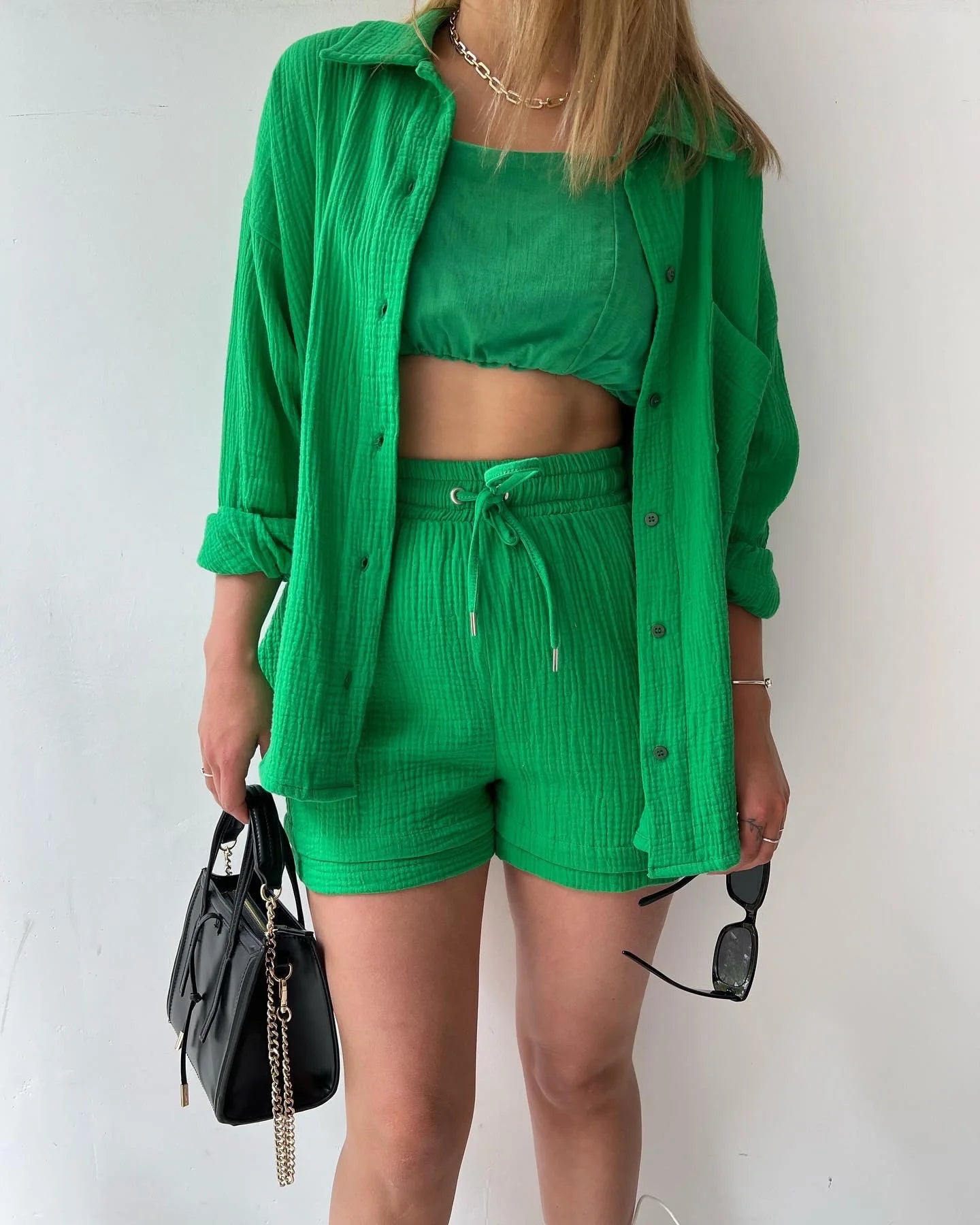 Women's Summer Shorts Set White Long Shirt High Waisted Pants Sets Casual Outfit Streetwear Suits For Women Female Clothing 2025
