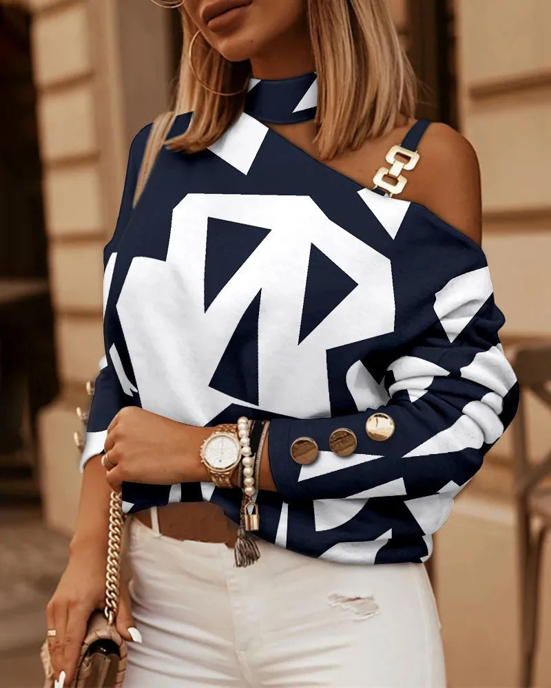 Women Tops Long Sleeve Skew Collar Tees Print T Shirts Pullover High Street Tee Autumn Loose Fit 2025 Casual Buttons Chain