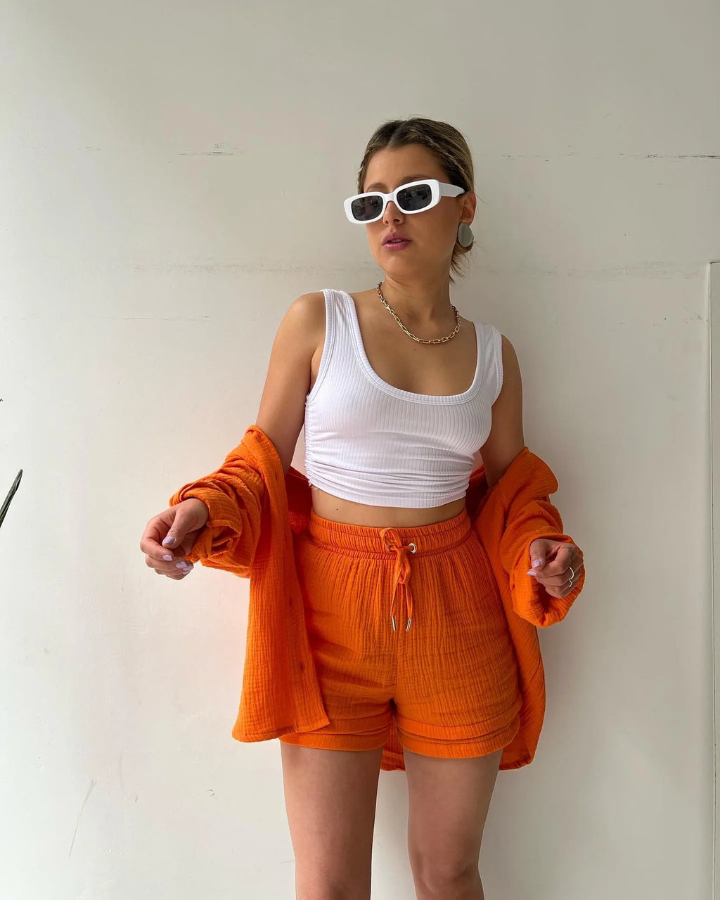 Women's Summer Shorts Set White Long Shirt High Waisted Pants Sets Casual Outfit Streetwear Suits For Women Female Clothing 2025
