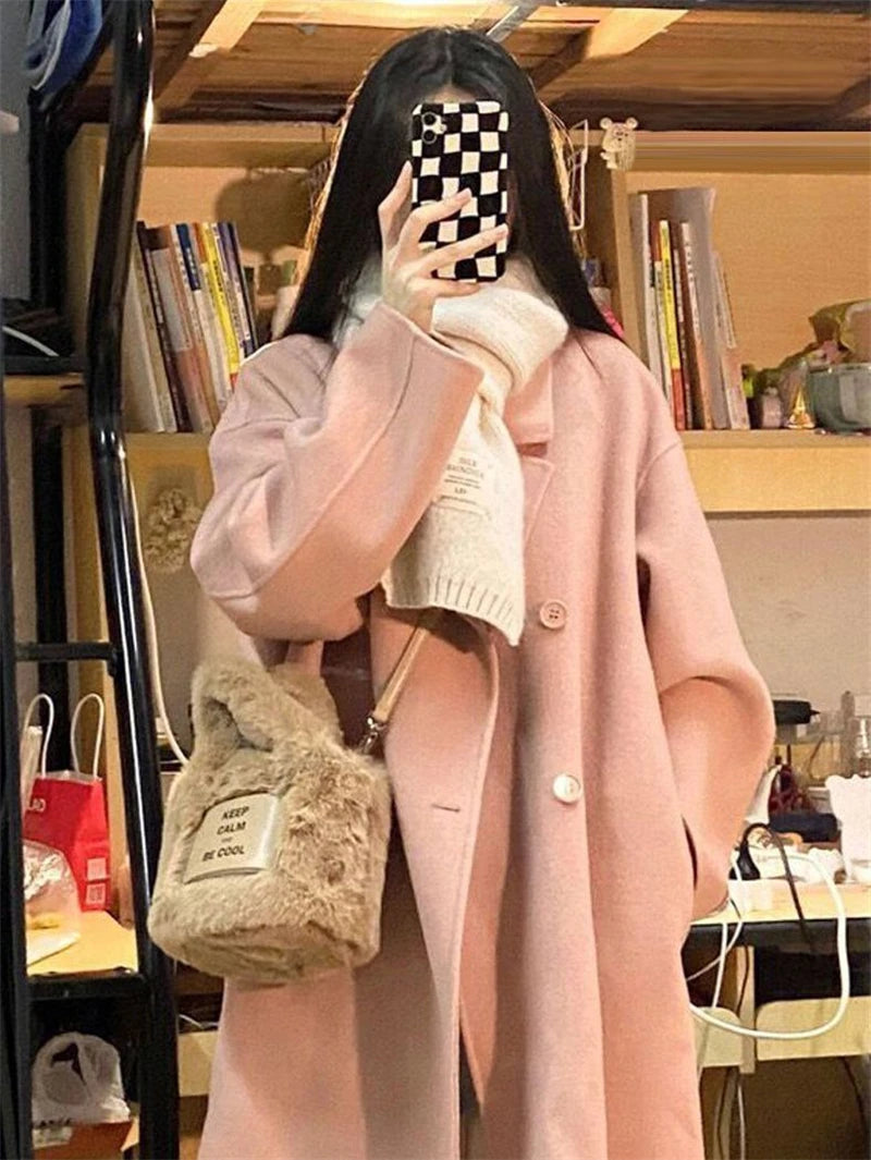 100% Wool Coat Lapel Overcoat Women Wool Blend Double Breasted Long Sleeve Shoulder Pad Coat 2024 Autumn Female Outwear