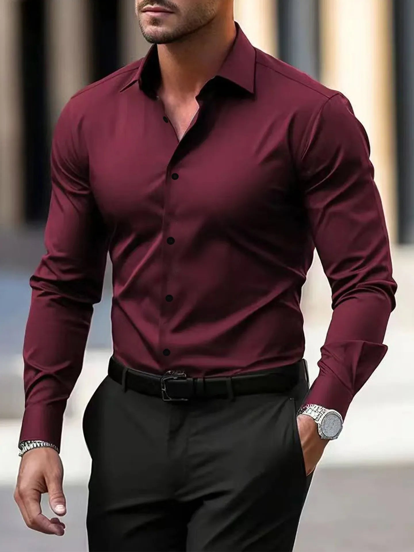Men's Wrinkle-Free Dress Shirt Long Sleeve Slim Fit Business Casual Shirt Breathable Formal Work Shirt for Wedding Party