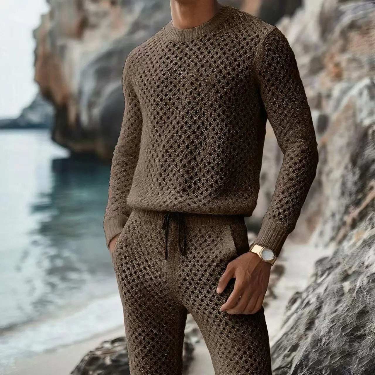 Autumnr Hollow Out Knitted Two Piece Sets Men Casual Solid Color Long Sleeve Tops and Pants Suits Mens Vintage Knit Outfits