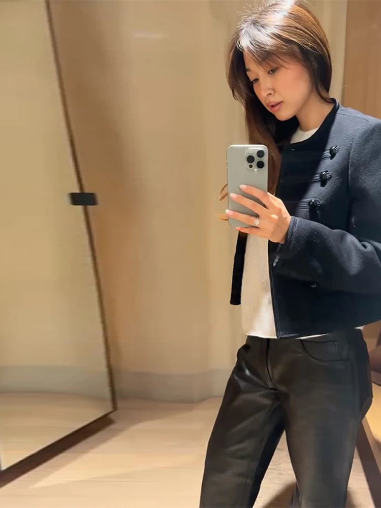 Casual Solid Women's Jacket O-Neck Full Sleeve Button Black Lady Cropped Jackets 2026 Spring Chic Female Street Outerwear