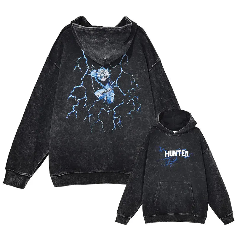 Killua Zoldyck Hoodies Vintage Washed Anime Hunter Hooded Sweatshirts Oversized Streetwear Manga Gon Kurapika Hoodie