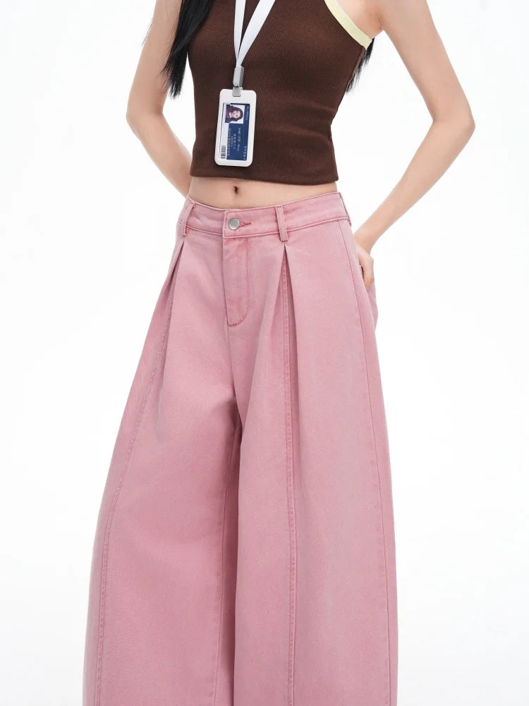 Women's Pink Folds Wide Leg Jeans 2026 Korean Fashion New High Waist Loose Casual Denim Trousers Streetwear Y2k