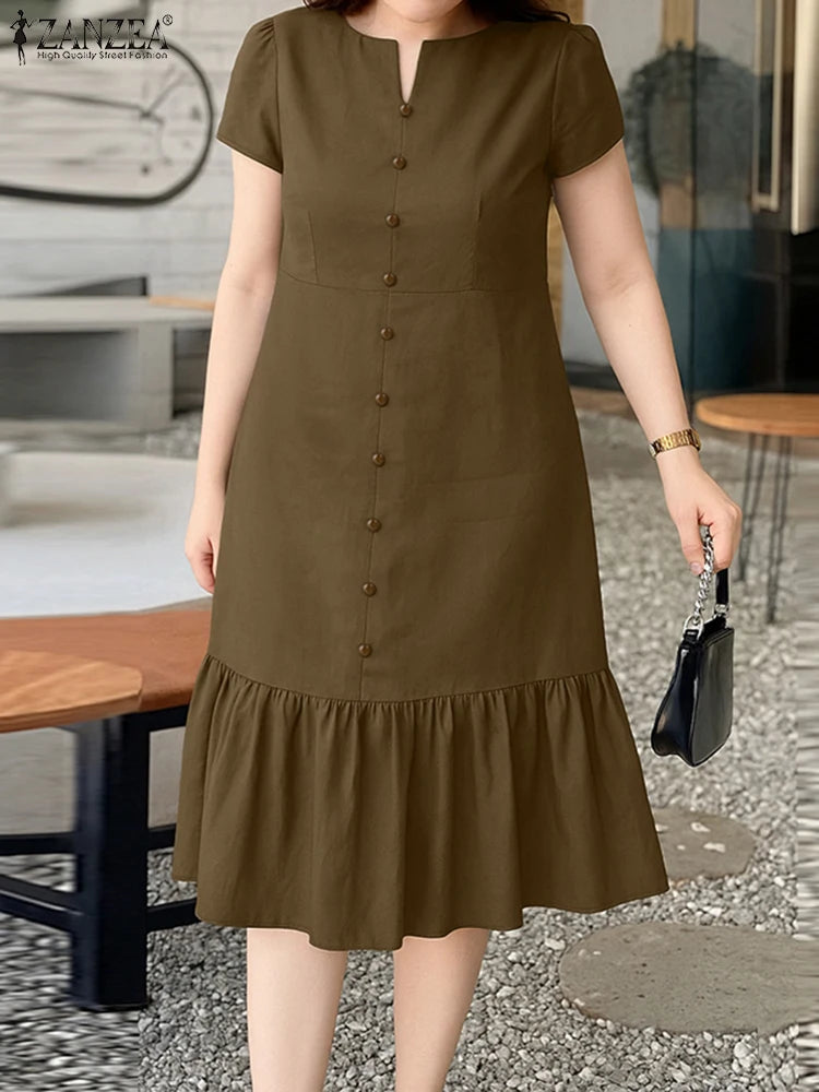 Stylish Summer Dress 2025 ZANZEA Women Elegant V-Neck Midi Dresses Office Work Sundress Short Sleeve Solid Buttons Vestidos Robe