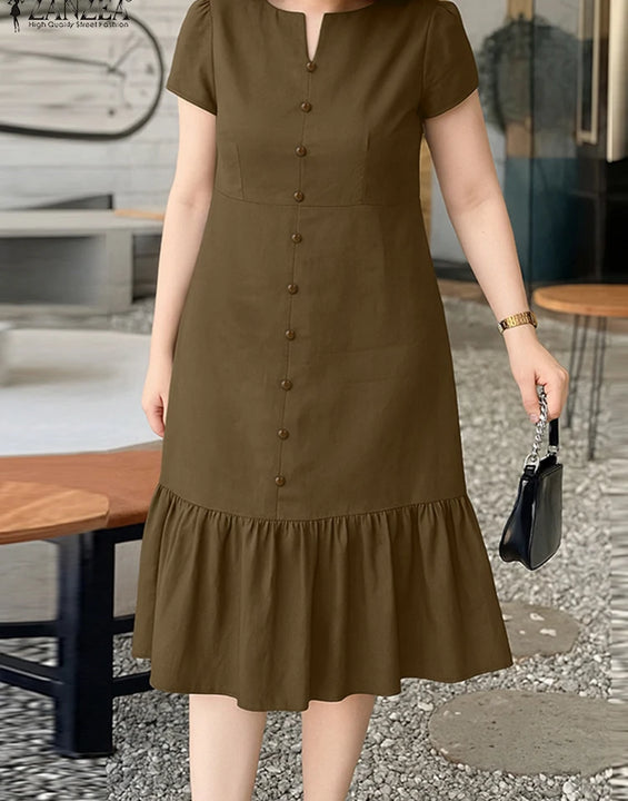 Stylish Summer Dress 2025 ZANZEA Women Elegant V-Neck Midi Dresses Office Work Sundress Short Sleeve Solid Buttons Vestidos Robe
