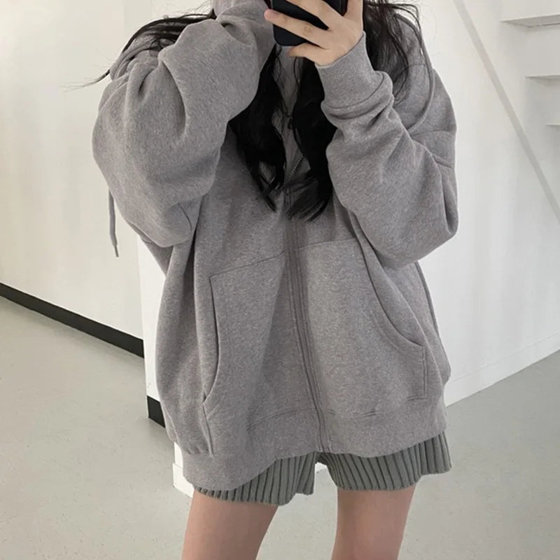 Hooded Solid Women Hoodies Zipper Sweatshirt Long Sleeve Cardigan Outerwear Loose Fit Casual Pockets Autumn 2025 Spliced
