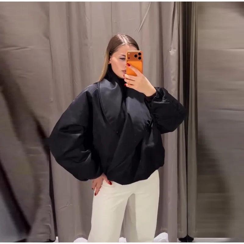 Vintage Women's Padded Bomber Jacket Loose Hidden Buckle Pockets Full Sleeve Stand Collar Black Coats 2026 Spring Autumn Outwear