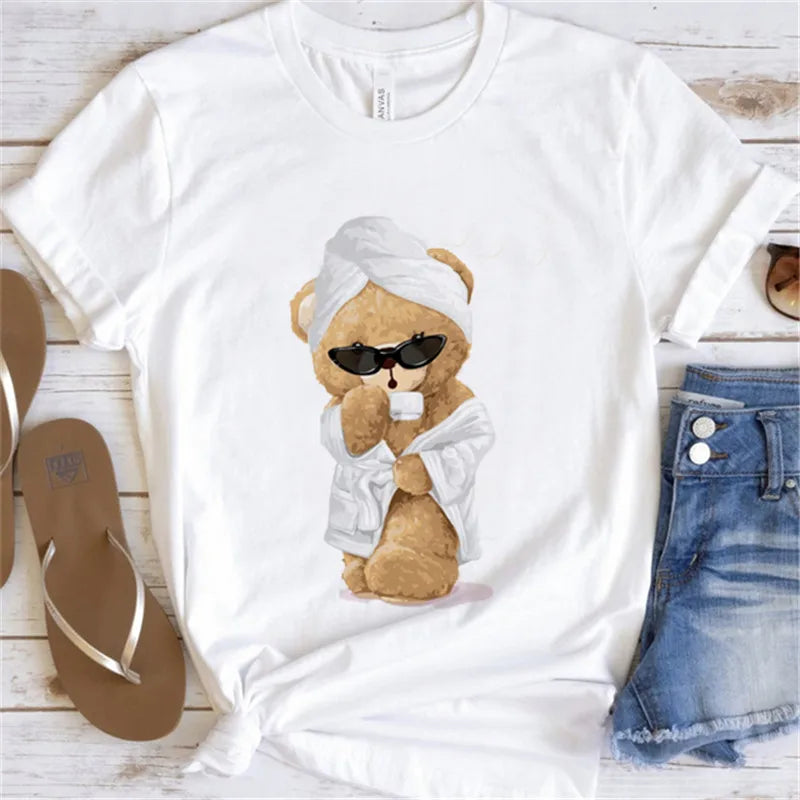 Fashion Graphic T-shirt Women Cute Bear Short-sleeved Clothes Women Print T-shirt Summer 90's Fashion Style Women T-shirt