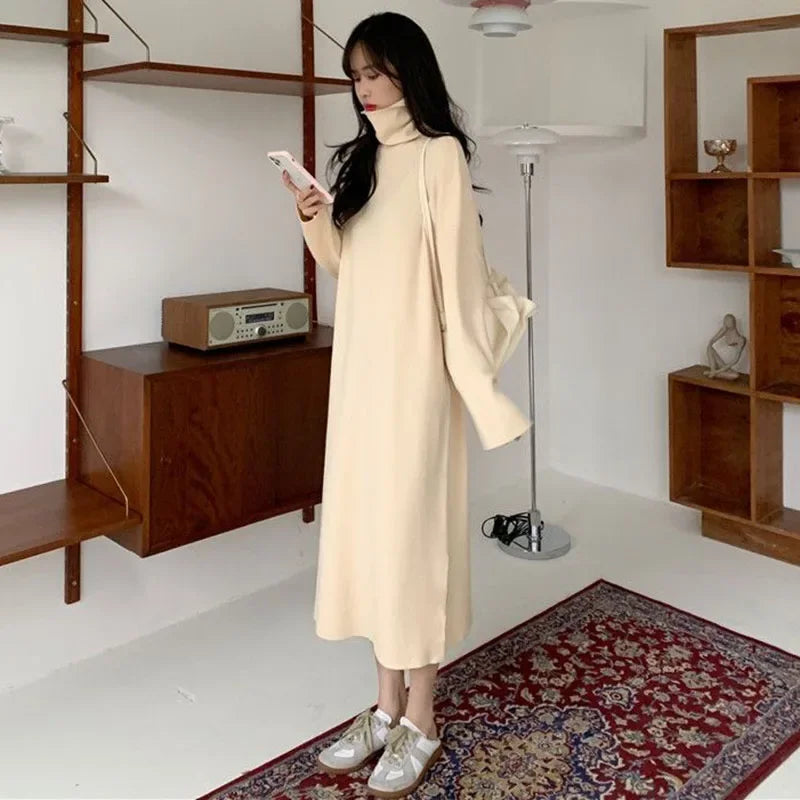 Smvp Fall Winter Turtleneck Long Dress Women Basic Solid Casual Loose Long Sleeve Dresses Female Streetwear Side Split Dress