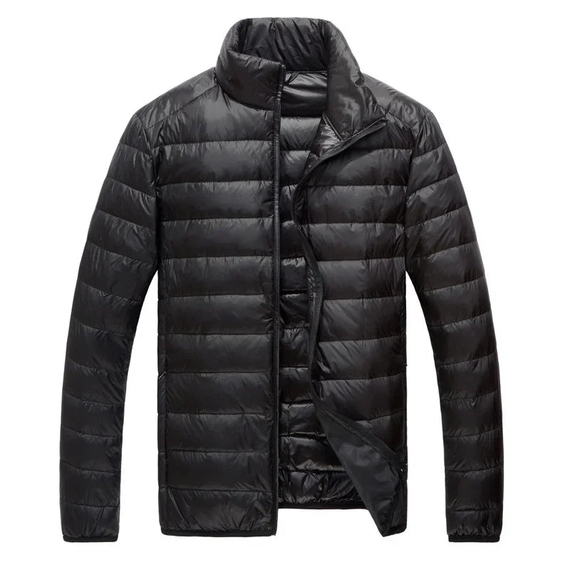 Schinteon Men Ultralight White Duck Down Jacket Thin Stand Collar Solid Color Simple Autumn Outwear