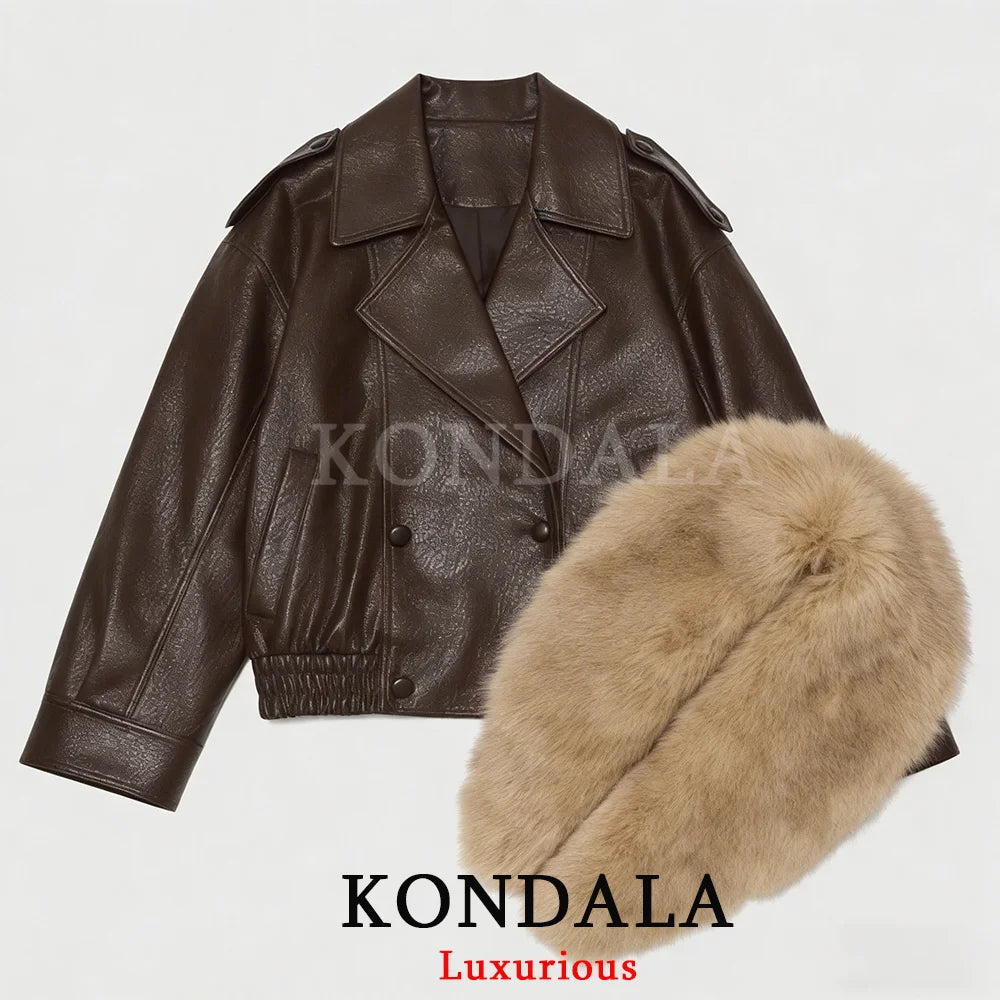 Fur-Collar Faux Leather Jacket