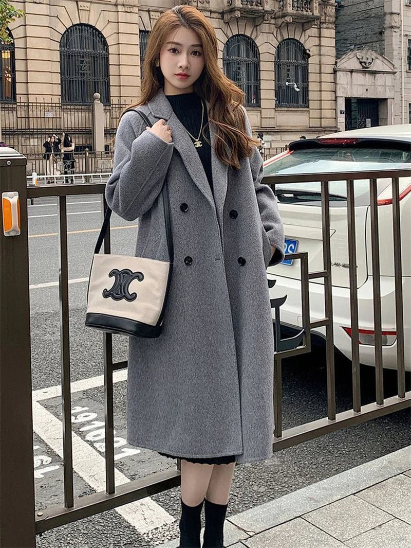100% Wool Coat Lapel Overcoat Women Wool Blend Double Breasted Long Sleeve Shoulder Pad Coat 2024 Autumn Female Outwear