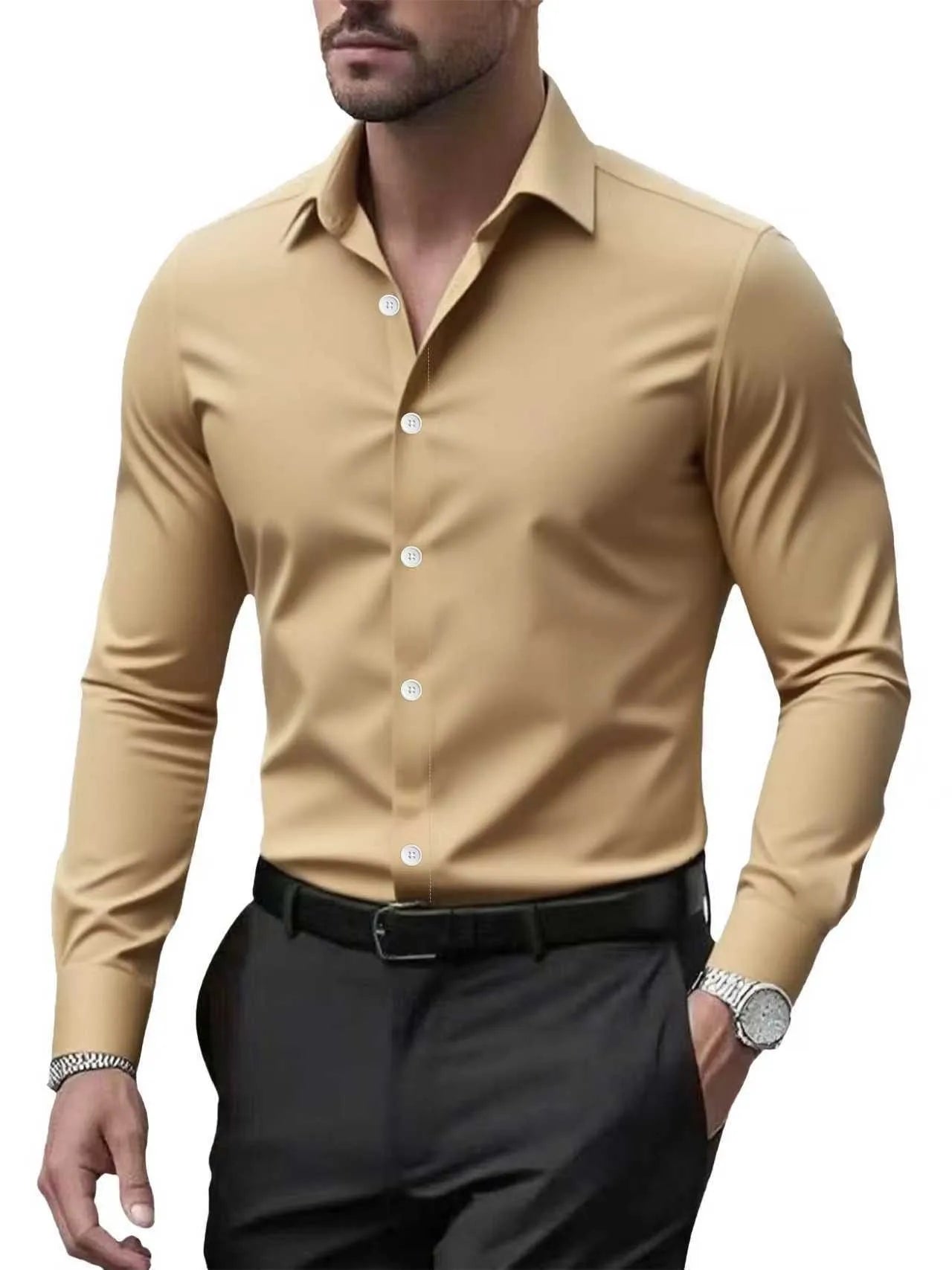 Men's Wrinkle-Free Dress Shirt Long Sleeve Slim Fit Business Casual Shirt Breathable Formal Work Shirt for Wedding Party
