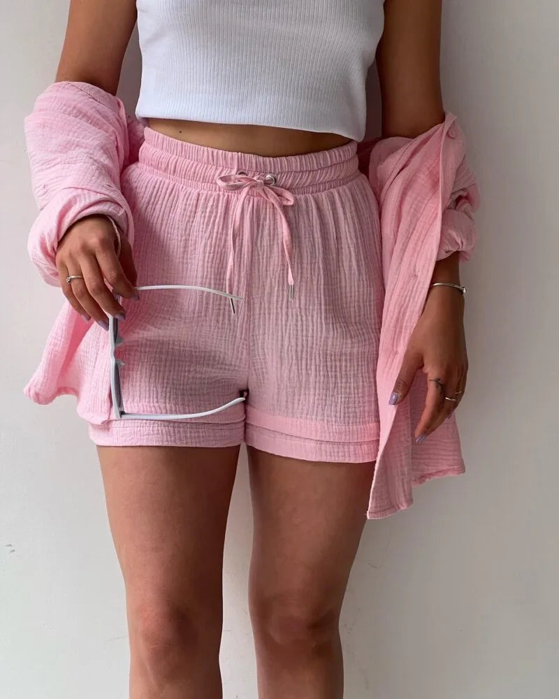 Women's Summer Shorts Set White Long Shirt High Waisted Pants Sets Casual Outfit Streetwear Suits For Women Female Clothing 2025