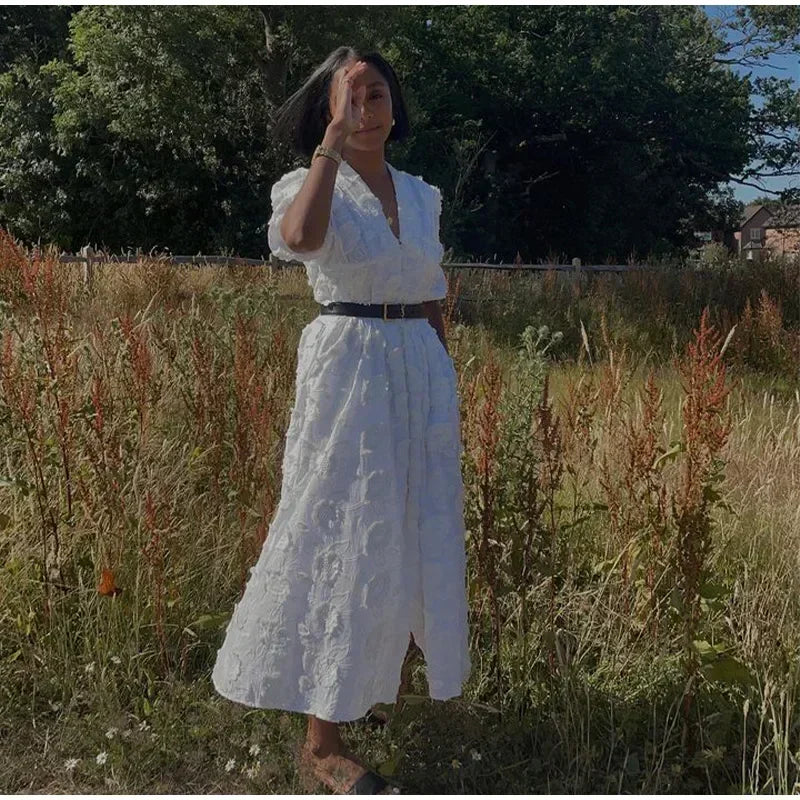 Elegant White Party Long Dress Women's Luxury V-neck Printed Single Breasted Split Evening Robe 2024 New Chic Street Dresses