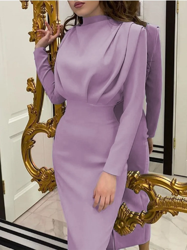 Round Neck Pleated Long Sleeved High Waisted Solid Color Women's Dress Daily Office Elegant Urban Style Autumn Dress